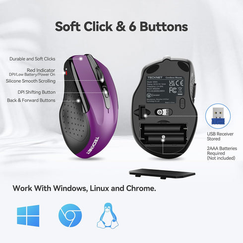 TECKNET Wireless Mouse for Laptop, Silent Click, 2.4G USB Optical Mouse with 6 Adjustable 4000 DPI - Purple