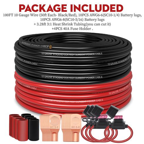 100FT 10 Gauge Wire (50ft Each- Black/Red) with 4 40A Fuse Holder, Copper Clad Aluminum for Automotive Power & Ground