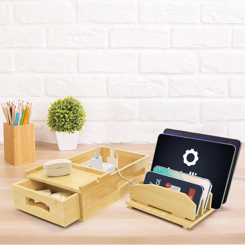 ZOOFOX Bamboo Charging Station for Multiple Devices, Desk Docking Station with Removable Divider Slots and Drawer