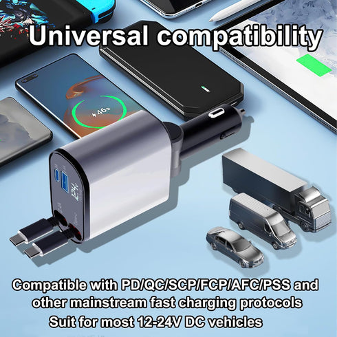 Retractable Car Charger 4 in 1 USB C Fast Charger with Dual Type-C Cables (31.5 inch) and 2 Charging Ports Compatible