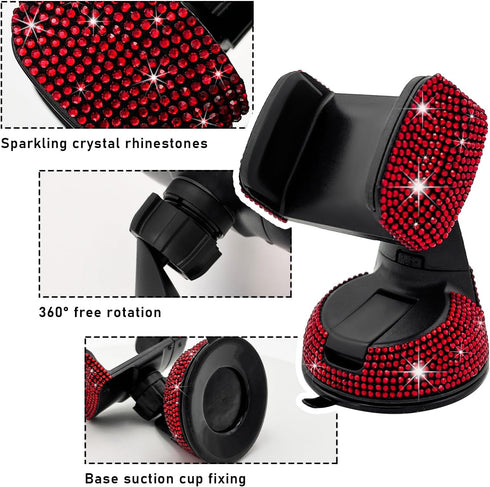Bling Car Phone Holder, 360 Degree Adjustable Crystal Mount for Dashboard, Air Vent, Windshield (Red)