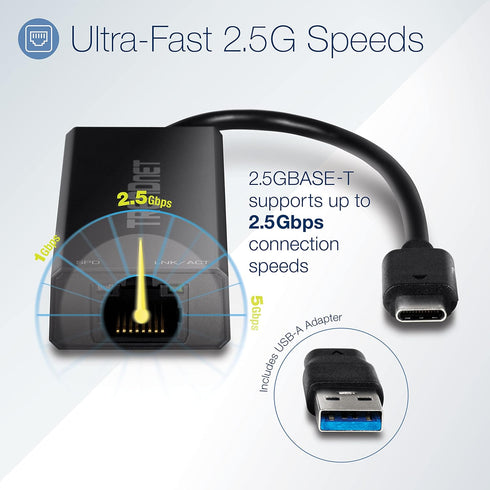 TRENDnet 2.5G USB-C to RJ-45 Ethernet Adapter - 2-in-1 Compatible with USB C/Thunderbolt 3 or USB 3.1, Black
