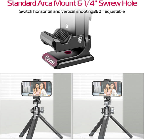 Metal Phone Tripod Mount with 3 Cold Shoes & Arca Port, 360° Smartphone Tripod Adapter for iPhone Samsung Cell Phone