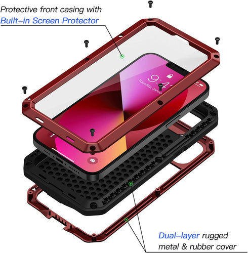 Lanhiem Metal Case for iPhone 13, Heavy Duty Shockproof Rugged Cover with Built-in Glass Screen Protector, Red