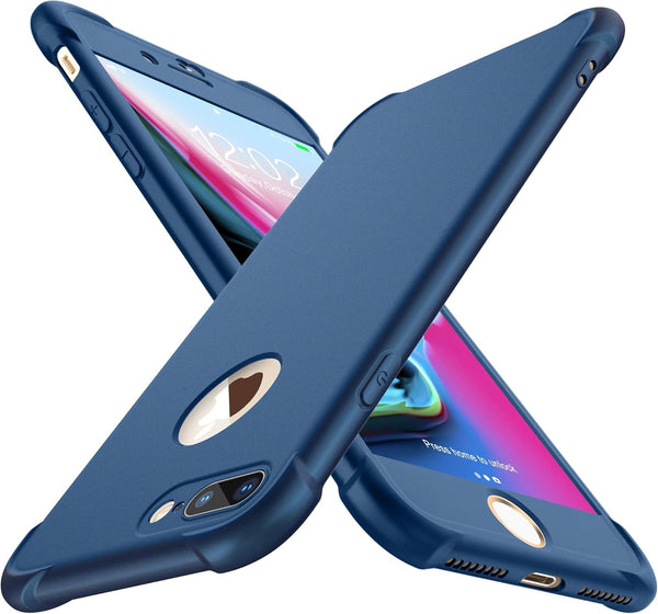 ORETECH iPhone 8 Plus/7 Plus Case with 2 Pack 9H Tempered Glass Screen Protector, 360° Full Body Hard PC Silicone - Blue