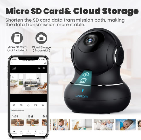 litokam 2K Indoor Security Camera, 360° Motion Detection Pet Camera with Phone App