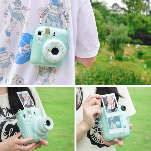 Rieibi Clear Case for Fuji Instax Mini 12, Glitter Case Bag with Back Pocket, Strap, and Photo Album
