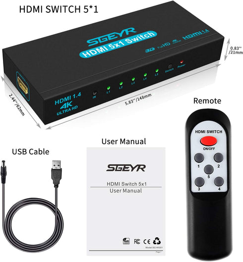 HDMI Switch SGEYR 5x1 HDMI Switcher, 5 in 1 Out Selector with IR Remote Control, 4K@30Hz Ultra HD Support