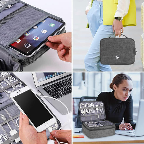 ORIENT FAMULAY Waterproof Travel Organizer, Double Layer Large Shockproof Cable Bag for Electronic Accessories - Gray
