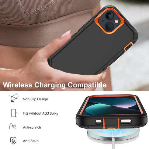 Annymall iPhone 13 Case (Black Orange) - Heavy Duty 3-Layer Shockproof Cover + 2 Screen Protectors for 6.1" Apple