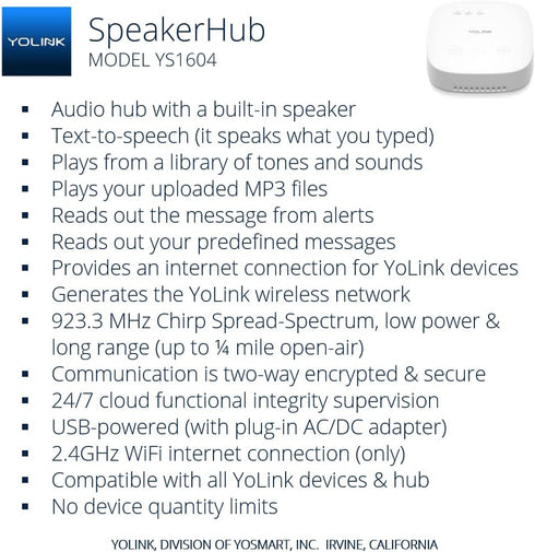 YoLink SpeakerHub, Smart Home Speaker Hub, Plays Tones/Alarms, Text-to-Speech Custom Messages, Voice Announcements,