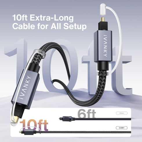 IVANKY 10ft/3M Optical Audio Cable, Long Digital Audio Fiber Optic Cord for Soundbar, TV, Home Cinema, Xbox/PS4