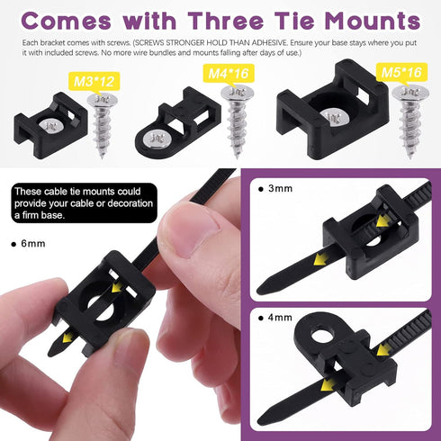 Swpeet 480Pcs Self-Locking Cable Zip Tie Set, Black & White with Saddle Type Mounts and Screws for Wire Organization