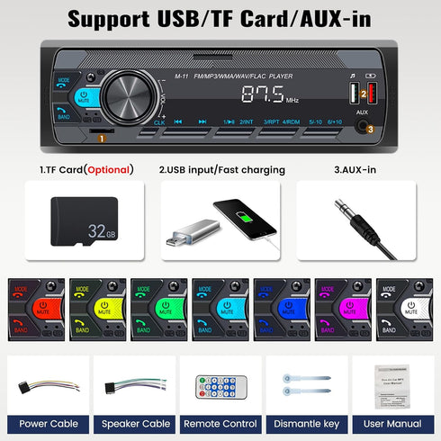 SIXWIN Single Din Car Stereo with Bluetooth 5.0, Hands Free Calling, FM Radio, USB AUX Port, Remote Control