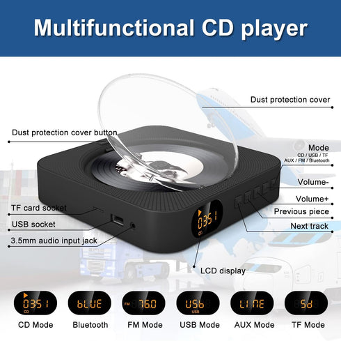 Portable CD Player with Bluetooth, Desktop CD Music Player with Remote Control, Dual Speakers, FM Radio