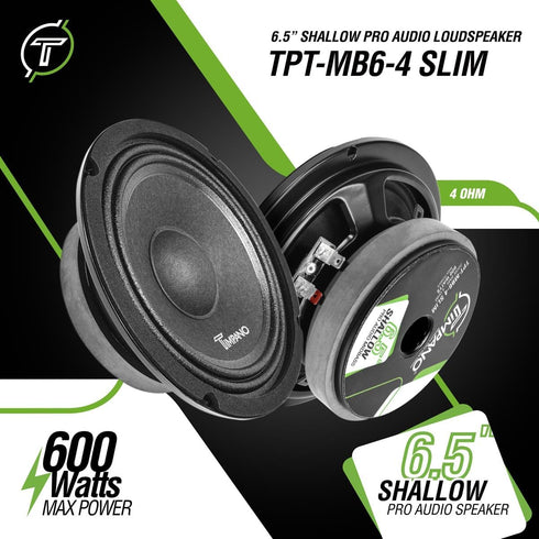 Timpano 6.5 Inch Shallow Car Speaker 600 Watts TPT-MB6-4 SLIM Shallow Profile 4 Ohm, PRO Midbass Car Audio Loudspeaker Compact for Doors (Single)