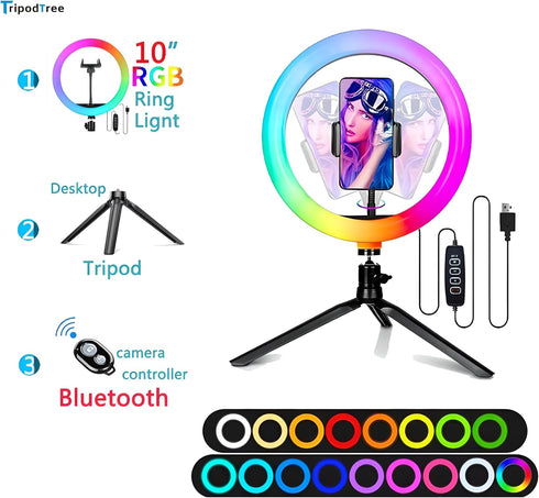 TripodTree 10" 4" 1 Dimmable (STDLR10-V2) Selfie Ring Light with Desktop Tripod Stand & Phone Holder, LED Ringlight