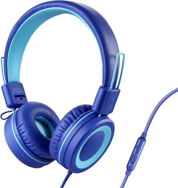 POWMEE P10 Kids Headphones with Microphone, Adjustable 85dB/94dB Volume, Foldable On-Ear for School/PC/Cellphone (Blue)