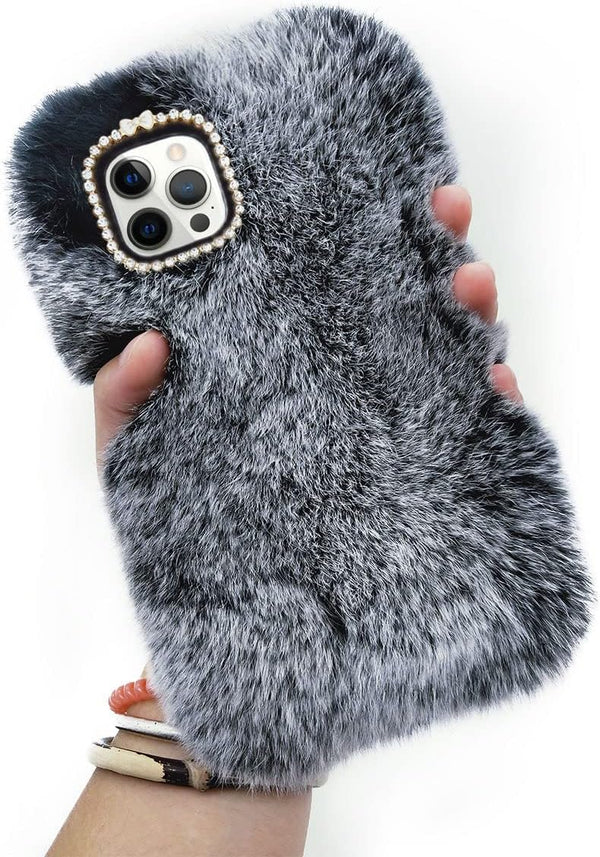 Cute Plush Case for iPhone 15 Pro by Losin - Dark Gray, Soft Fluffy Cover with Glitter Lanyard & Diamond Lens Protector.