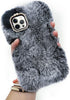 Cute Plush Case for iPhone 15 Pro by Losin - Dark Gray, Soft Fluffy Cover with Glitter Lanyard & Diamond Lens Protector.