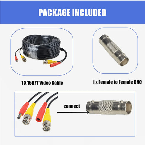150ft Black BNC Video Power Siamese Cable for Analog AHD CVI CCTV Systems