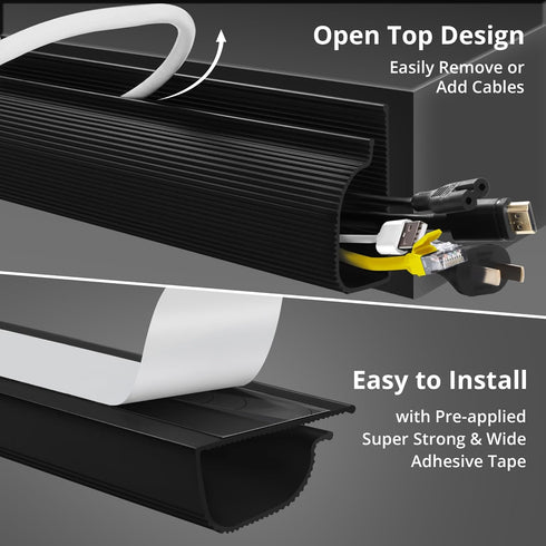 Cable Management Under Desk, Black (31.5in J Channel, 2x15.7in) - Self Adhesive Cable Raceways, Easy Install