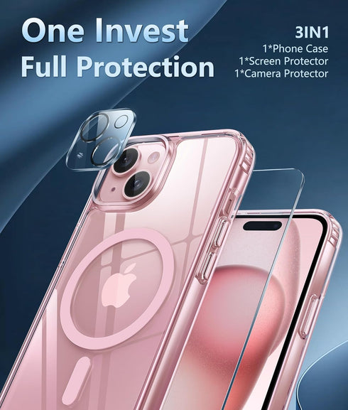 FNTCASE iPhone 15 Case: Rugged Shockproof Bumper, Military Grade Drop Protection, Anti-Yellowing, 6.1" Clear PinkRing.