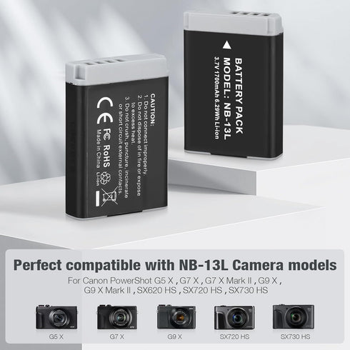 NB-13L Battery 2 Pack Replacement Li-ion Batteries and USB Dual Charger for PowerShot G1X G5X G7X Mark II III