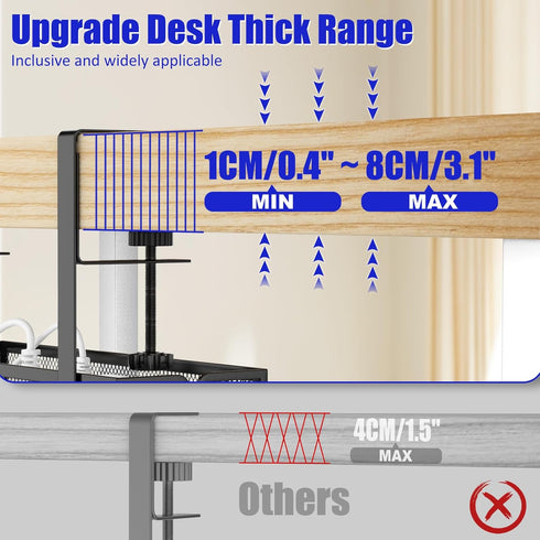 REFLYING Under Desk Cable Management Tray, Black Metal Long Arms, No Drill Mesh Desk Cable Tray for Office Organization
