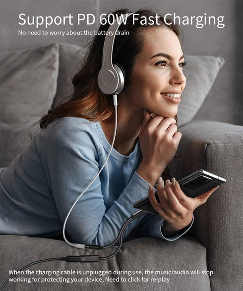 2 in 1 USB C to 3.5mm Headphone Audio and Charger Adapter, Type C to Aux Hi-fi Audio with PD 60W Fast Charge