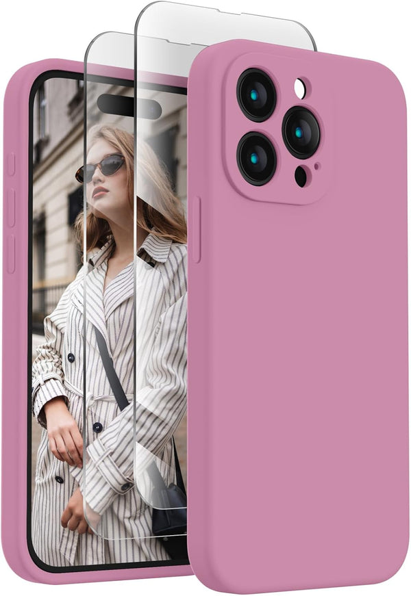FireNova iPhone 15 Pro Max Case, Lilac Purple Silicone, 6.7", with Camera Protection & 2 Screen Protectors,