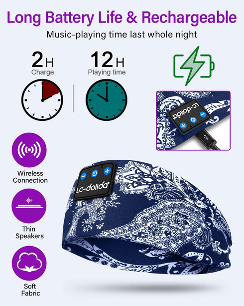 LC-dolida Sleep Headphones Bluetooth Headband, Wireless Sleeping Headphones with Thin HD Stereo Speakers, Perfect for