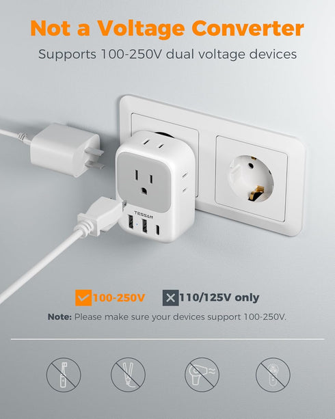 TESSAN 2 Pack 4 3 European Plug Adapter USB C, US to Europe Adapter Outlets USB Charger, Type C International Power
