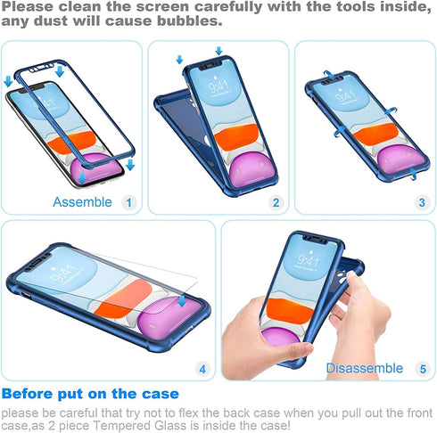 ORETECH iPhone 11 Case with 2 x Tempered Glass Screen Protector, 10 Ft Military Grade Drop Test, Blue
