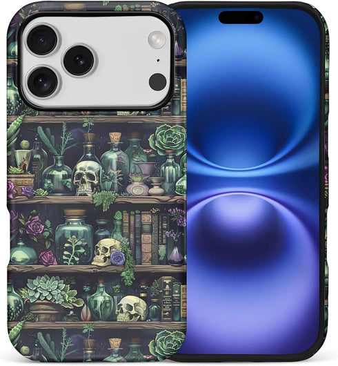 Akinmi Case for iPhone 17 Pro,Skeleton Bookshelf Flowers Exquisitely Pattern Double Protective Phone