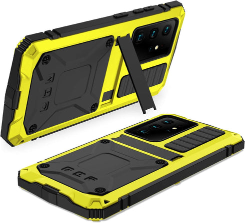 Galaxy S22 Ultra Rugged Case, Metal Bumper with Built-in Screen Protector & Stand, Waterproof Heavy Duty Cover (Yellow)