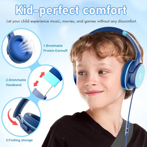 Kids Headphones - Foldable HD Stereo Sound with Safe 85dB/94dB Volume Limiter for Teens, Boys, Kindle, iPad, Laptop.