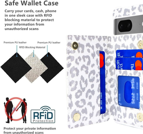 iCoverCase for Google Pixel 7 Case with Card Holder, RFID Blocking PU Leather Wallet Case for Pixel 7 (Gray Leopard)