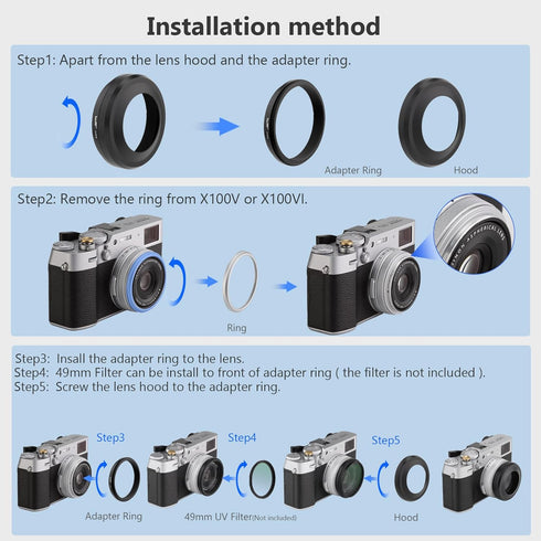 Haoge LH-X51B 2in1 All Metal Ultra-Thin Lens Hood with Adapter Ring Set for Fuji X100VI & FinePix X100V Black
