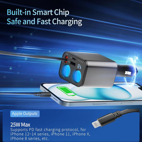 Paiholy 5 in 1 Retractable Car Charger Cigarette Lighter Splitter, 159W Fast Charger with Dual USB Port