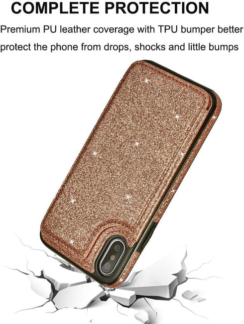 UEEBAI Case for iPhone X/XS - Premium Glitter PU Leather Wallet Cover with Card Slots, Rose Gold