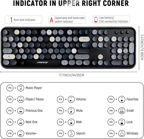 FOPETT Wireless Keyboard and Mouse Combo - 104 Keys Full-Sized 2.4 GHz Round Keycap Colorful Keyboards, USB Receiver