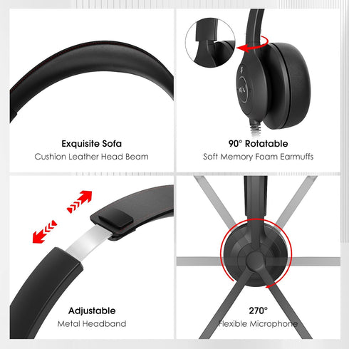 Headset Headset USB with Microphone for PC/Laptop, Wired Headphones with Noise Cancelling Mic, USB C & USB A, All-day