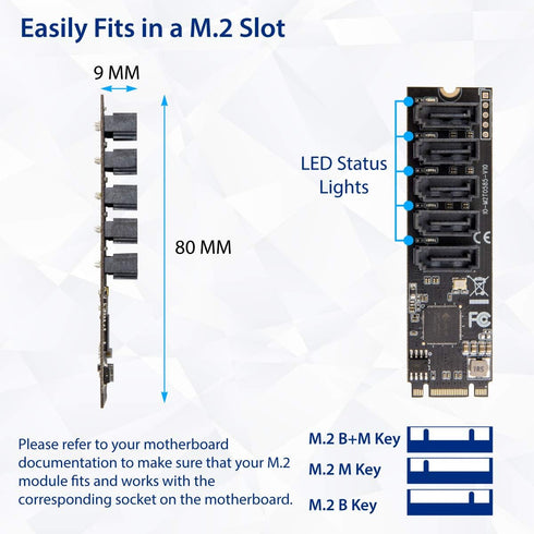 IO CREST Internal 5 Port Non-RAID SATA III 6GB/s M.2 B+M Key Adapter Card for Desktop PC