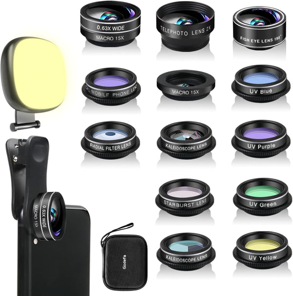 Godefa Phone Camera Lens Kit, 14 in 1 Lenses with Selfie Light for