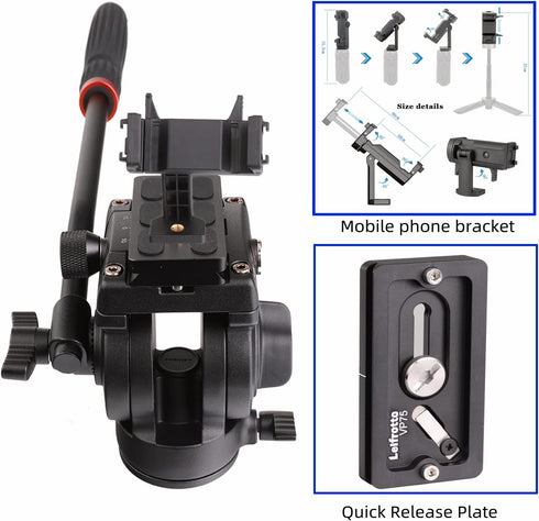 VS05K Tripod Fluid Head with 1/4" Arca QR Plate, Max Load 11 lbs for Video and DSLR Cameras, 3/8 to 1/4 Inch Screws
