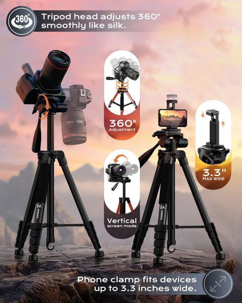 JOBFRI 73" 8.8 lbs Camera Tripod for Camera and Phone, Aluminum Travel Tripod for iPhone, DSLR Tripod with Phone