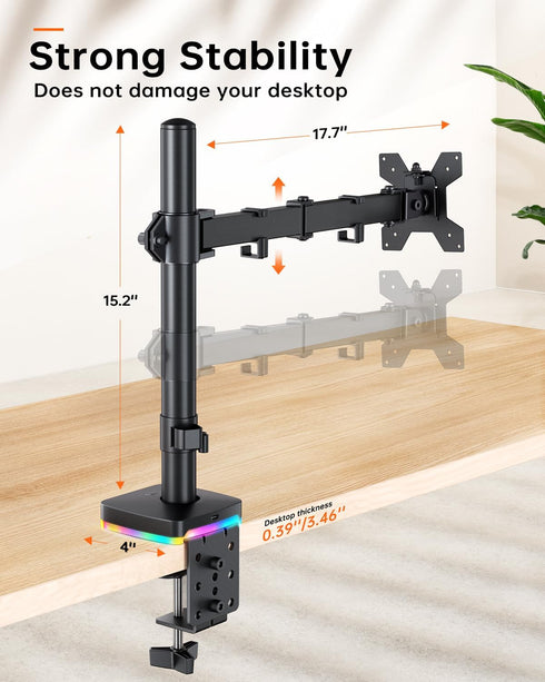 H&C(hcck&Cllassp) 3 13"-27" 17.6lbs, 75x75mm 100x100mm, RGB Single Monitor Stand, Monitor Arm with USB Ports, Charging