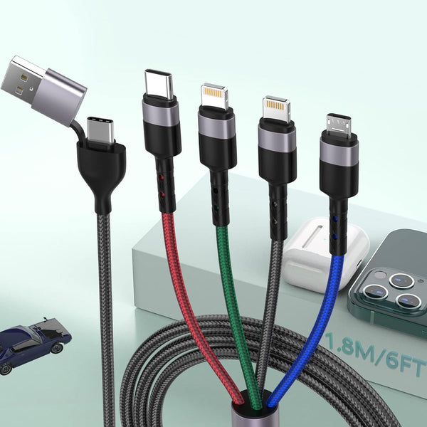 6 in 1 Multi Universal 1.8M/6Ft Phone Charging Cable, USB A/Type C to Lightning*2+Type C+Micro USB for Android/iPhone