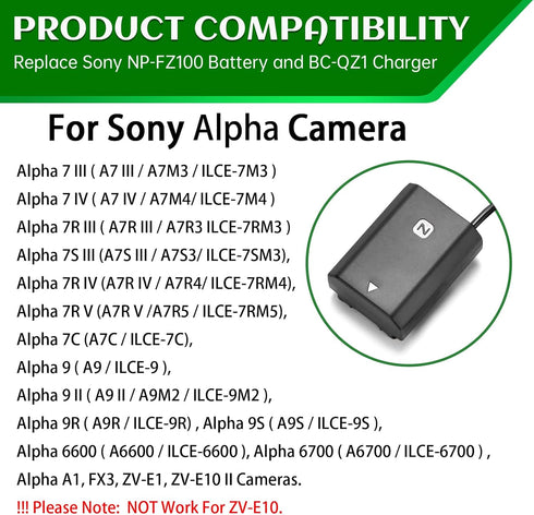 Gonine NP-FZ100 A7III A7IV Dummy Battery NPFZ100 Continuous Power Supply Adapter Charger Kit for Sony Cameras